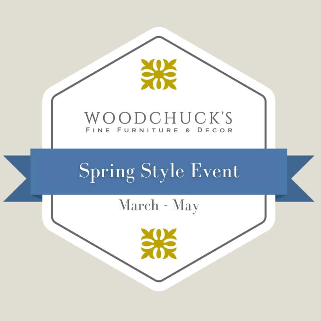 Promotional banner for Woodchuck's Spring Style Event featuring furniture and decor from March to May.