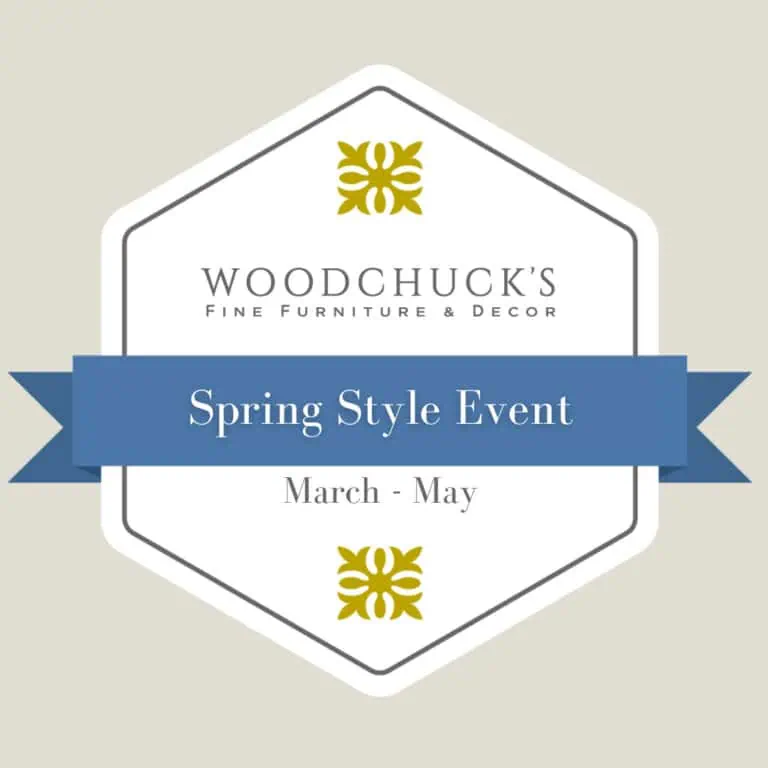 Promotional banner for Woodchuck's Spring Style Event featuring furniture and decor from March to May.