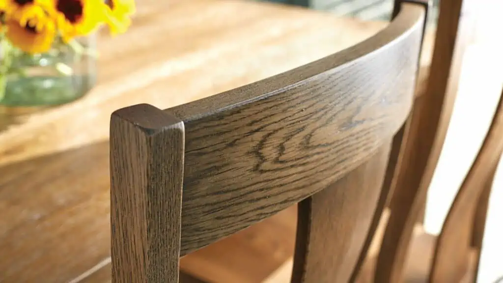 A closeup of the finish on a dining room chair