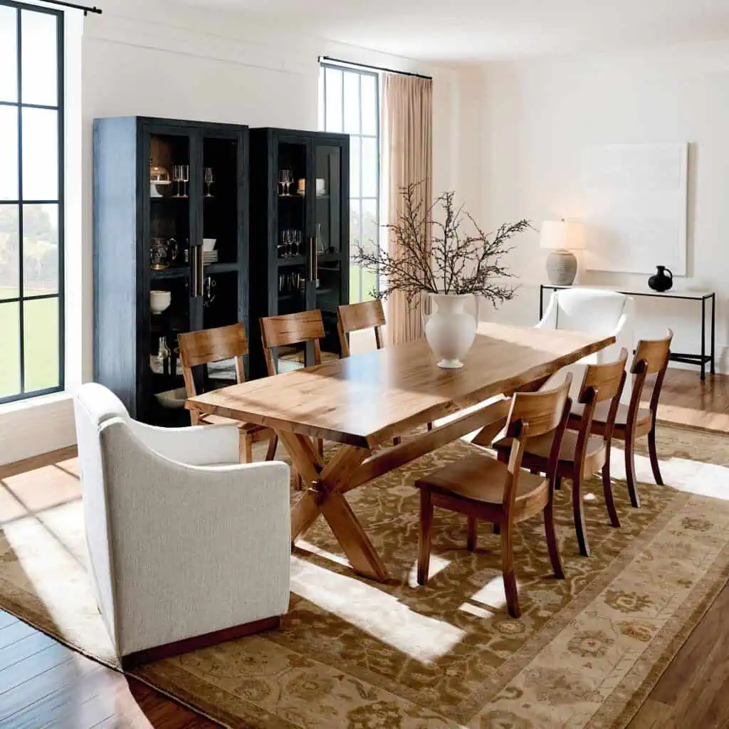 Bassett wooden live edge dining table with 8 chairs and dark cabinets in the background