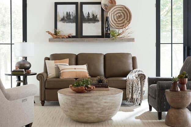 brown leather sofa neutral toned living room