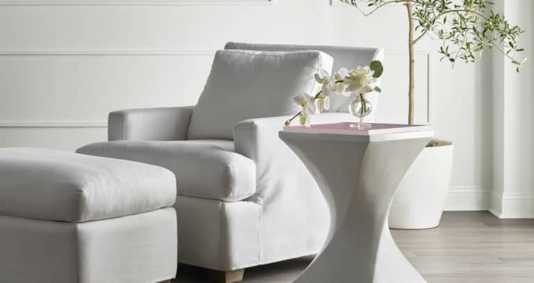 white fabric recliner side table orchid