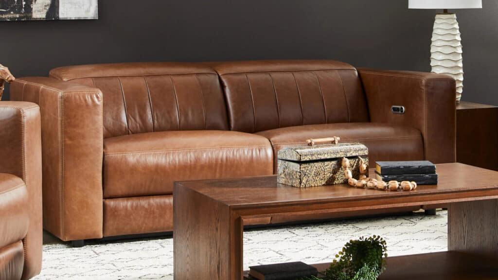Austin Chestnut Leather Power Reclining Sofa with Power Headrests