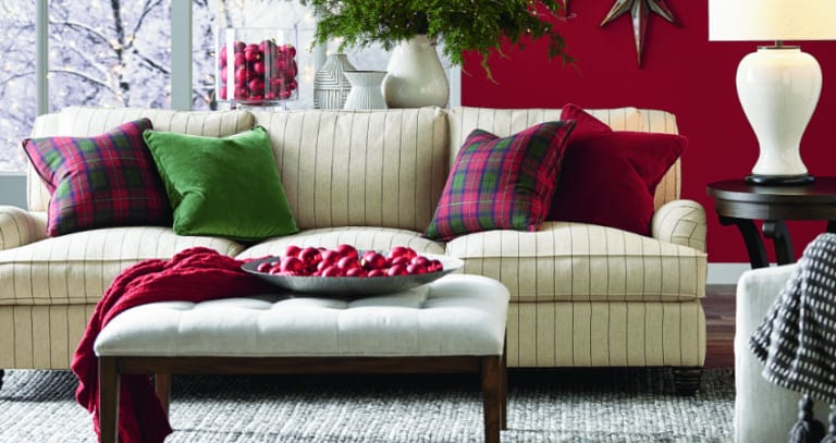 striped sofa holiday decor velvet pillows