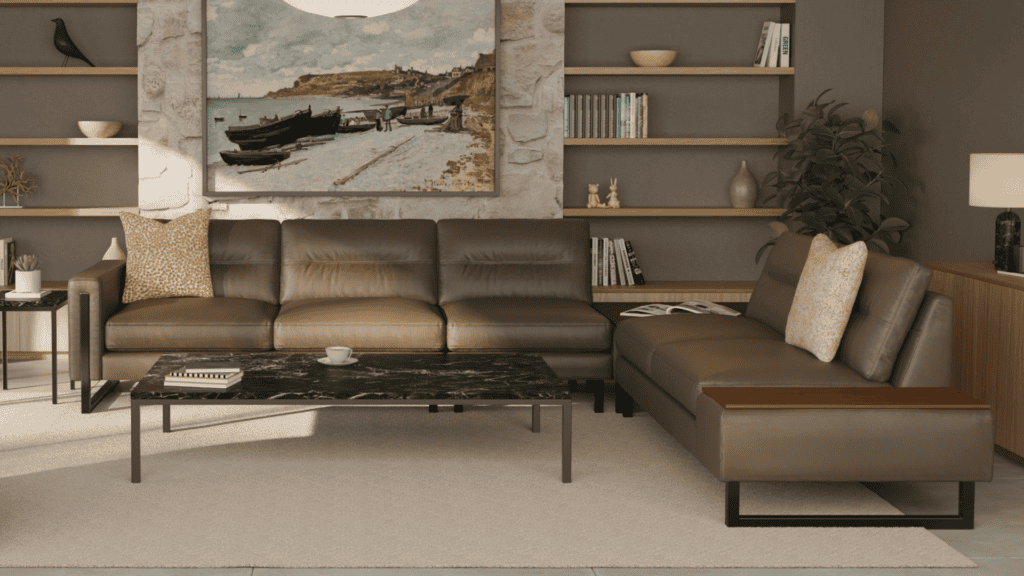 A muted brown sectional in a living room