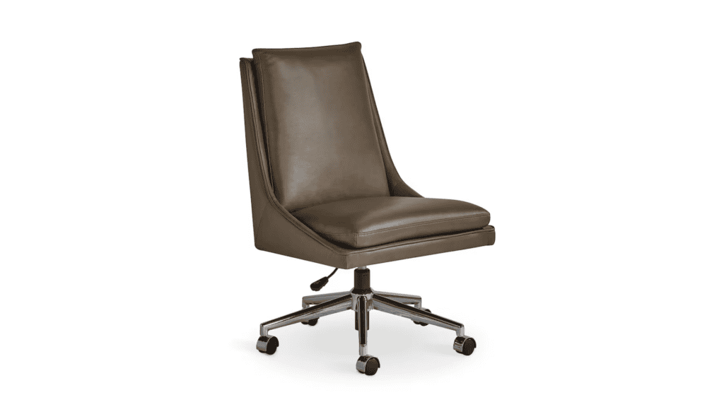 A brown leather office chair with no arm rests