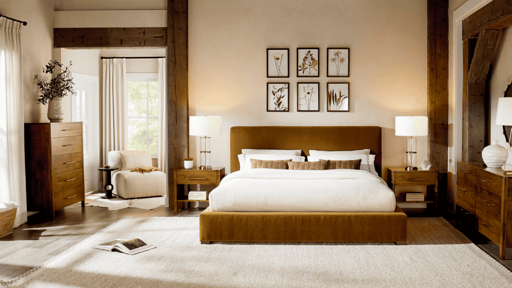 Brownish yellow upholstered bed