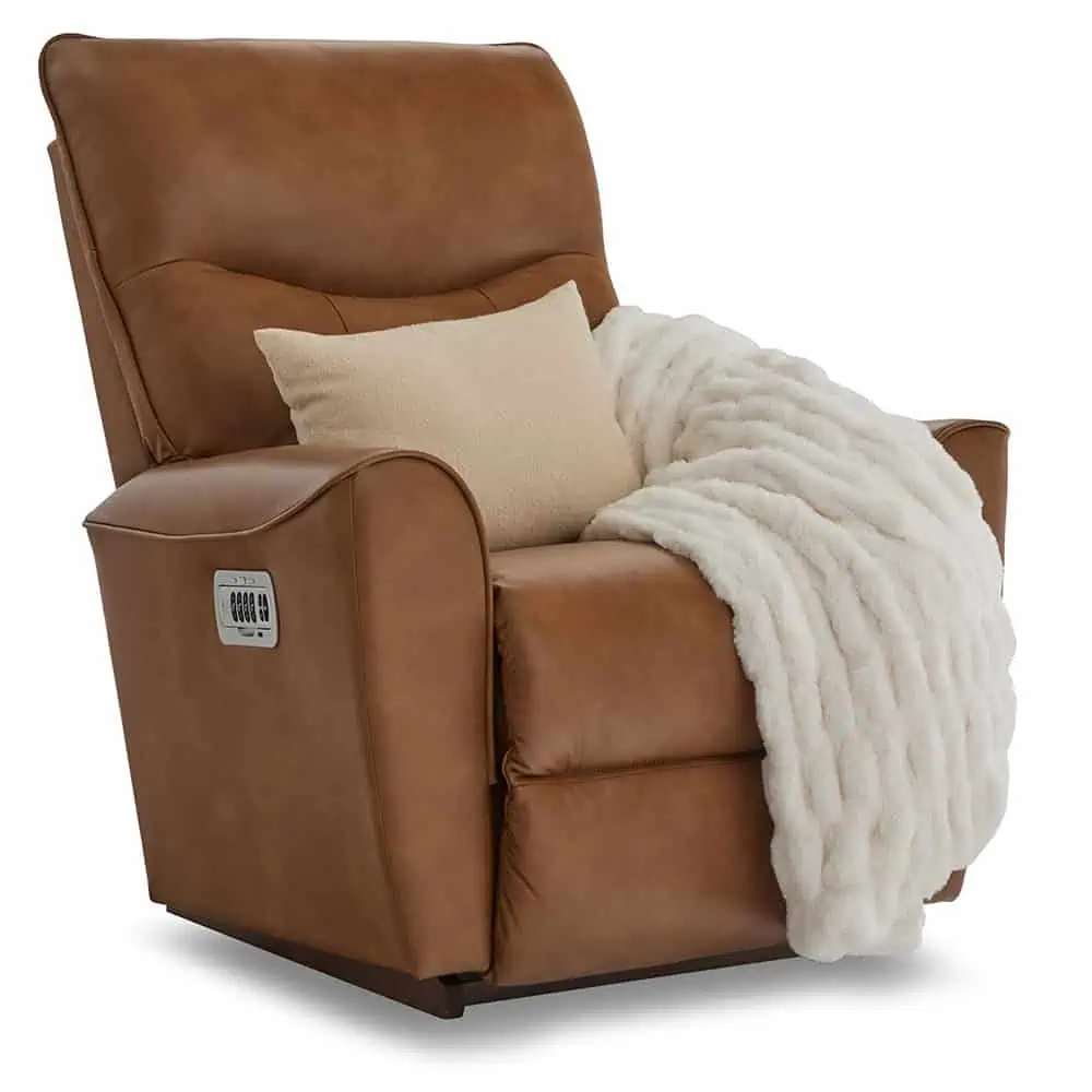 brown lay-z-boy recliner with pillow and blanket
