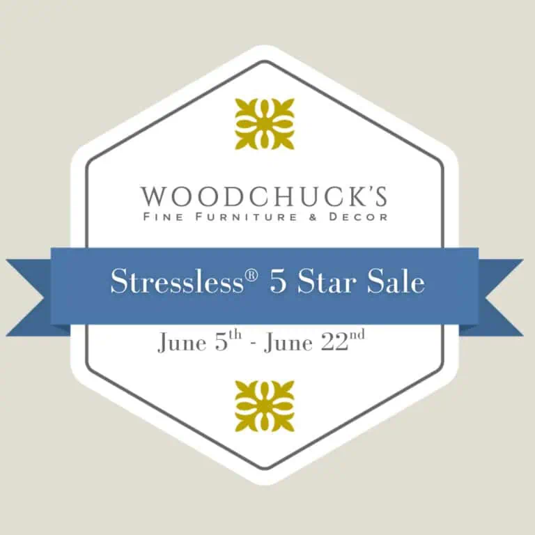 Promotional banner for Stressless® 5 Star Sale #2 at Woodchuck's Fine Furniture & Decor, featuring discounts on luxury furniture from June 5 - June 22.