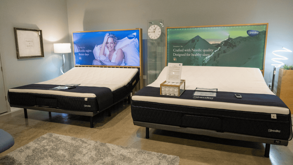 Two Stressless Sky mattresses in Woodchuck's showroom