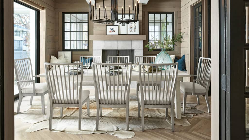 A modern farmhouse style dining room set from Universal Furniture in a home's dining room