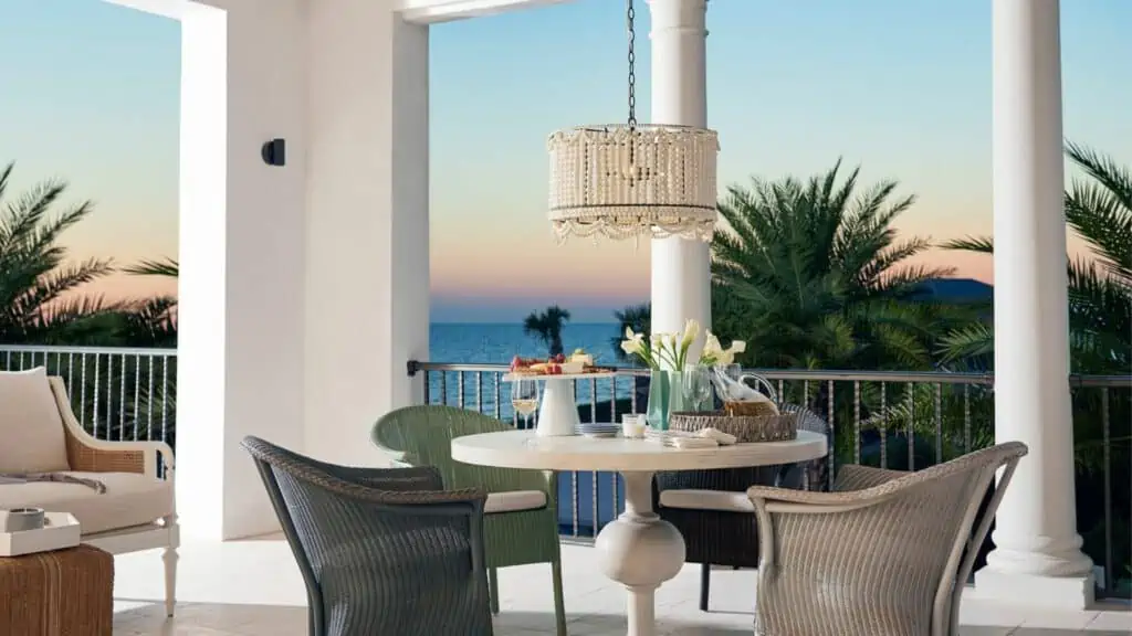 An outdoor patio furniture set and lighting fixture from Universal Furniture