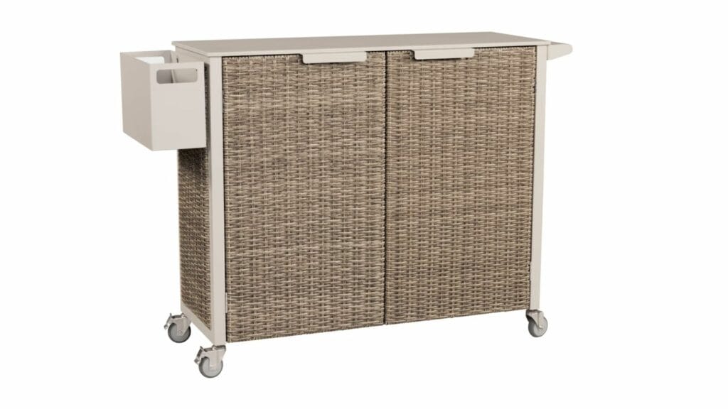 Serving cart with a wicker exterior