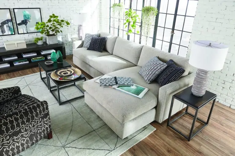 large living room white sofa windows hanging plants