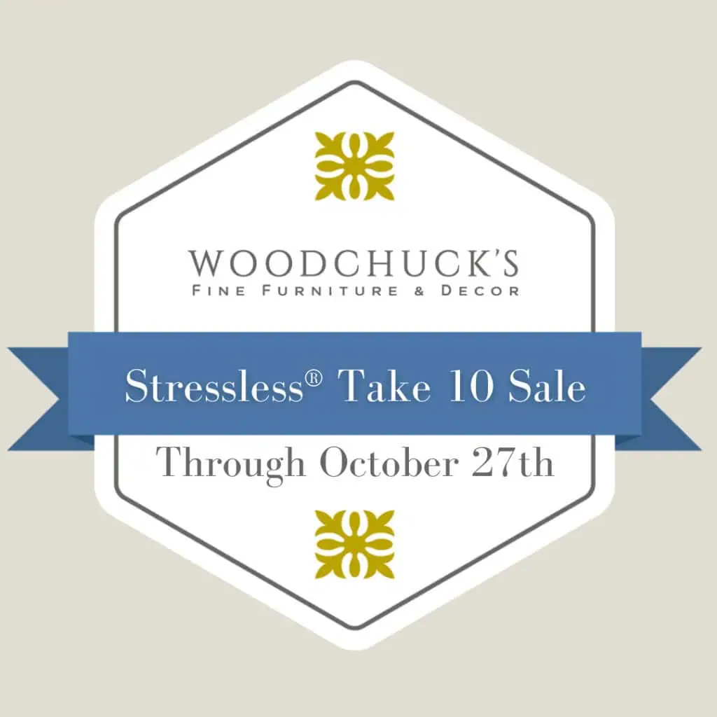 promotional badge that says stressless take 10 sale - through october 27th
