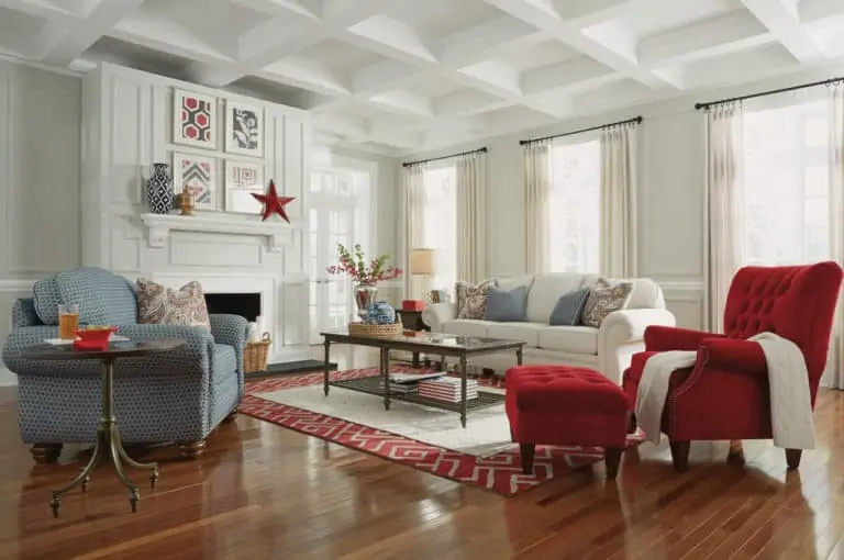 red white and blue themed living room large windows