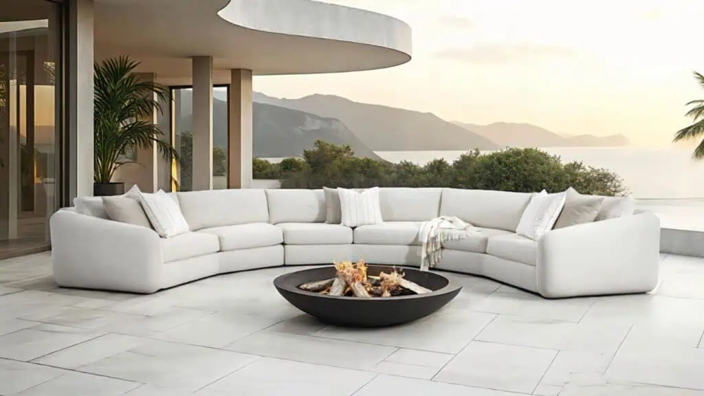 Modern outdoor patio with white sectional sofa and fire pit, overlooking mountains and water.