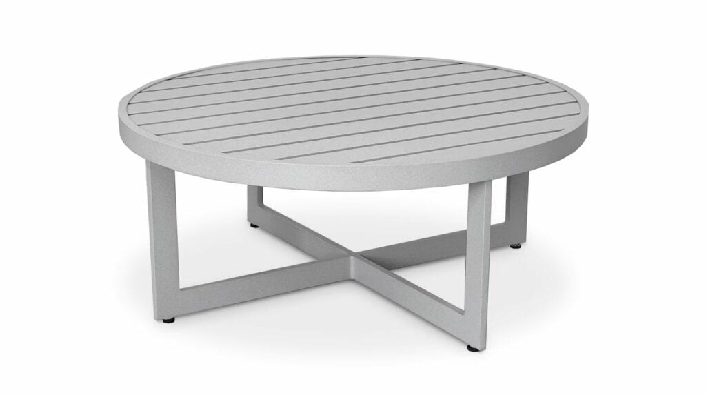 A round outdoor cocktail table