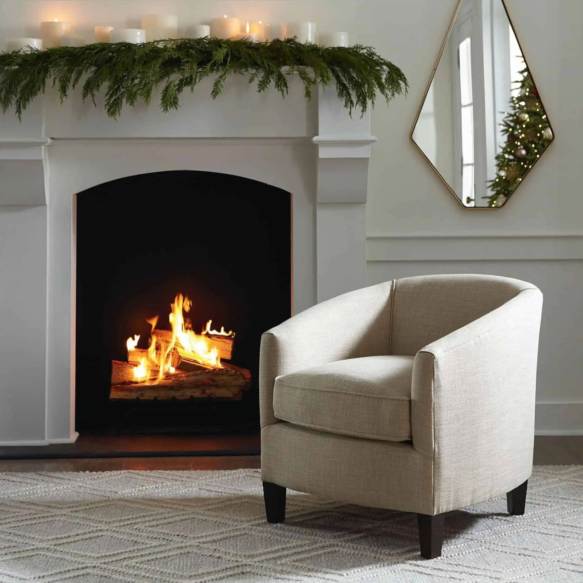 A chair next to a fireplace