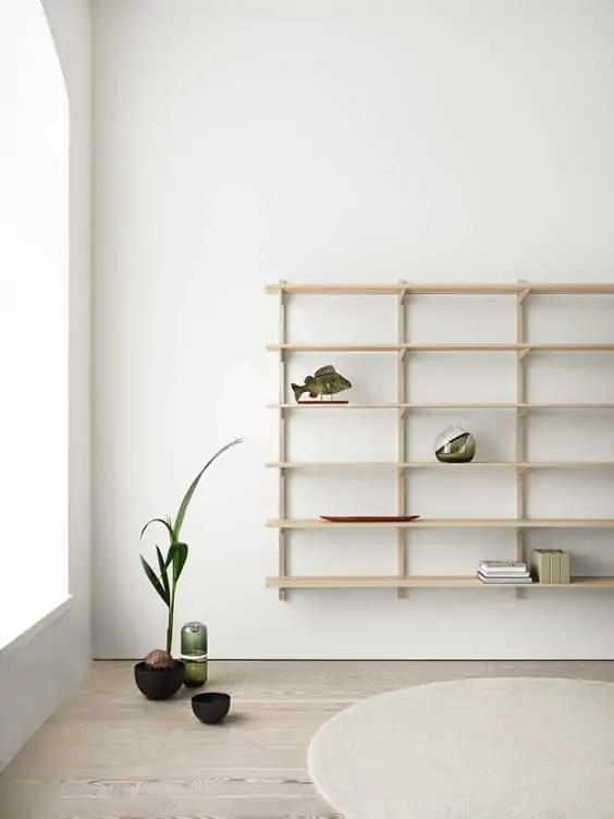 room with white walls and shelving unit on wall