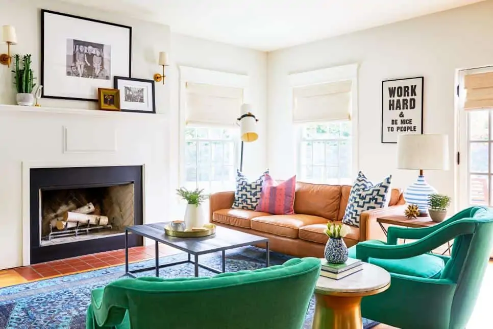 living room with bright-colored furniture