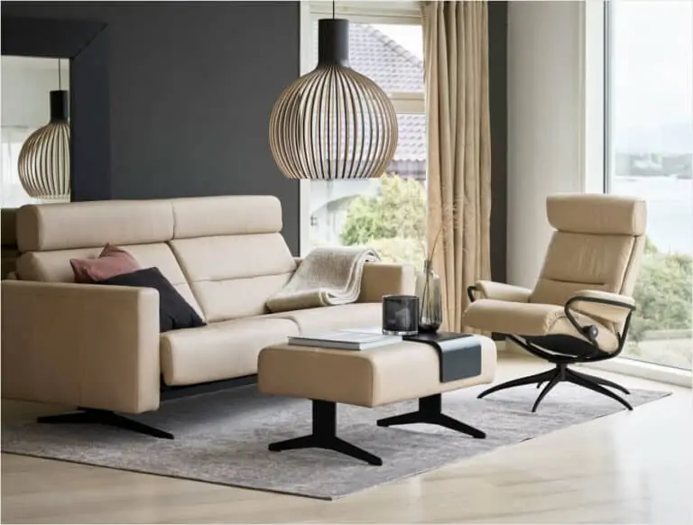 creme leather sofa and chair in living room