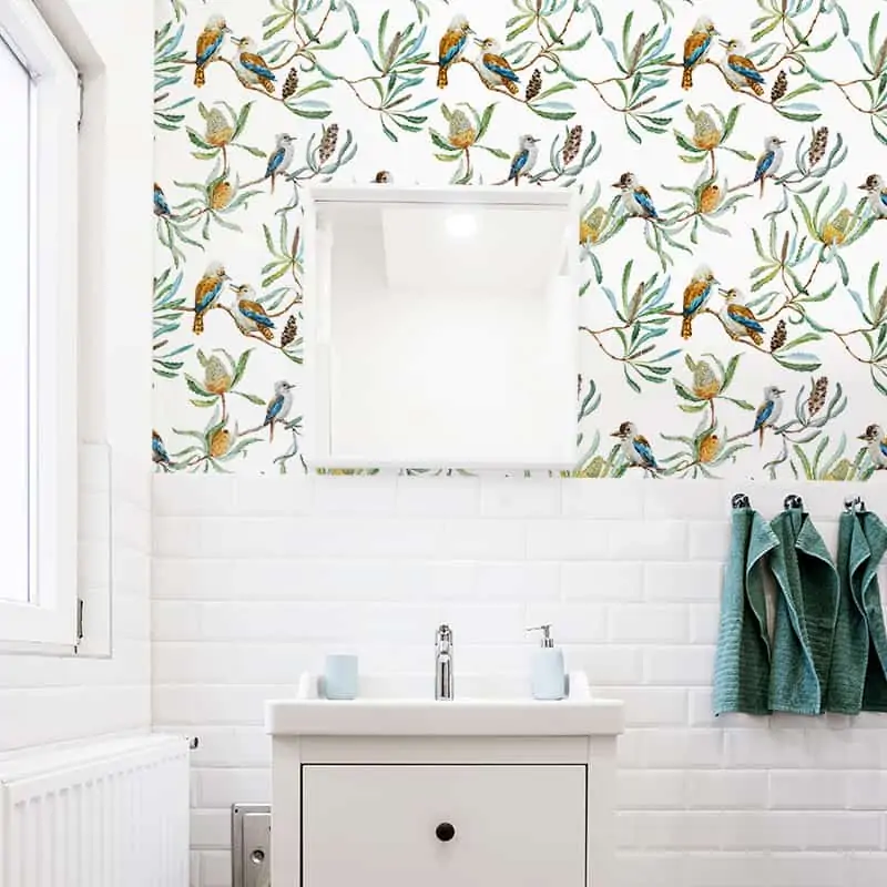 A bathroom with wallpaper