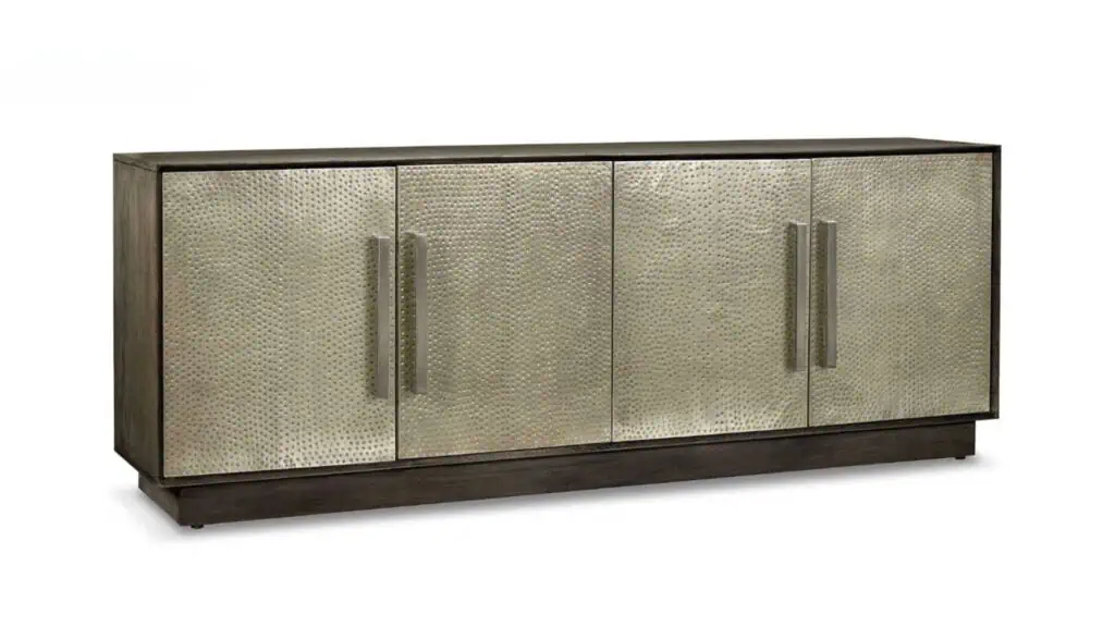 macon entertainment console with wood frame and metal doors
